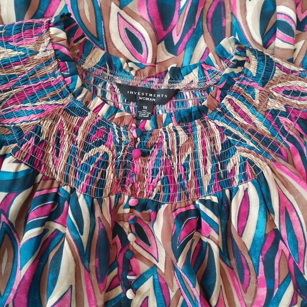 Investments Multicolor Leaf-Print Smocked-Neck Blouse - Picture 11 of 11